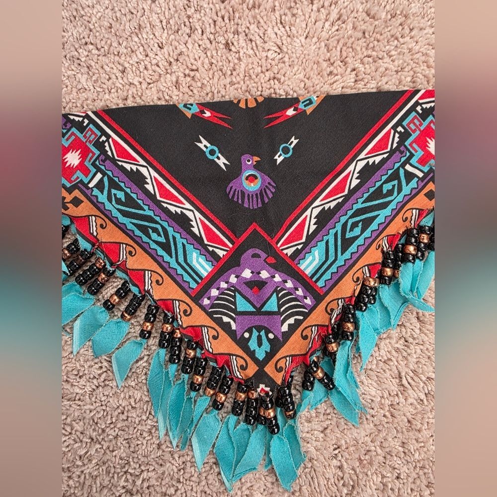 Vintage Handmade Beaded Bandana Southwest Print Fringed Neck Scarf Festival - Picture 9 of 9